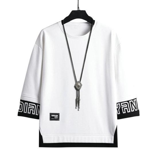 O-Neck 3/4 Sleeve Men Tops Letter Print Elastic Sweat Absorbing Breathable Hip Hop Style Fake Two Pieces T-shirt Streetwear