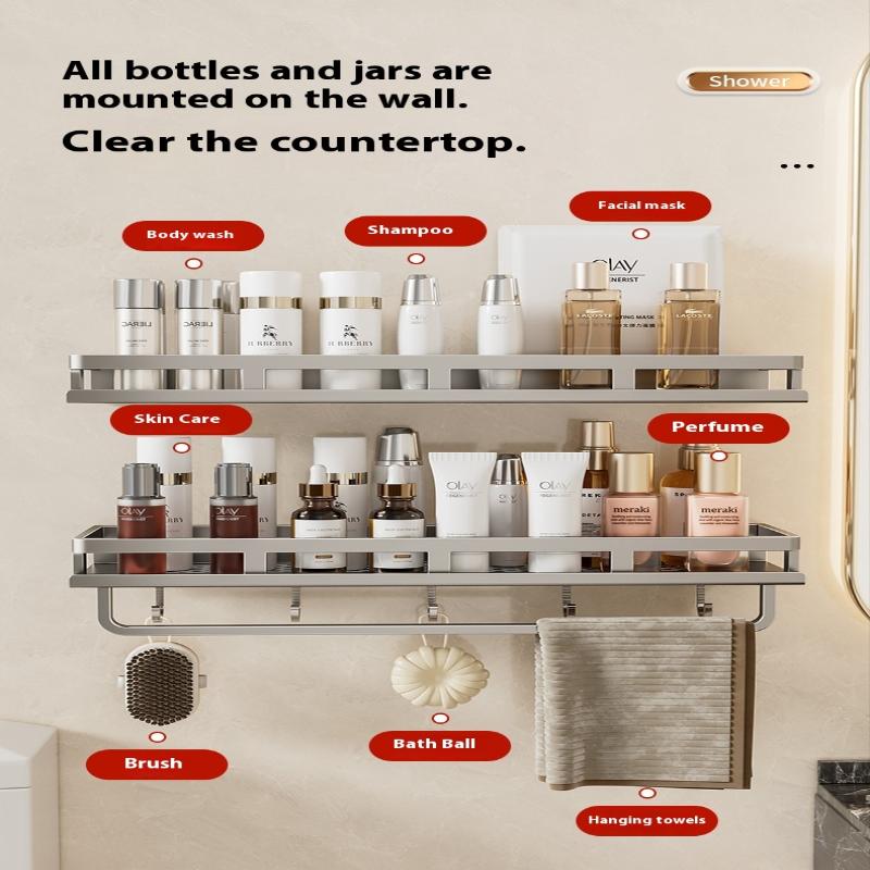 Bathroom Aluminum Wall Mounted Shower Rack Multifunctional Kitchen Storage Basket Toilet Accessories