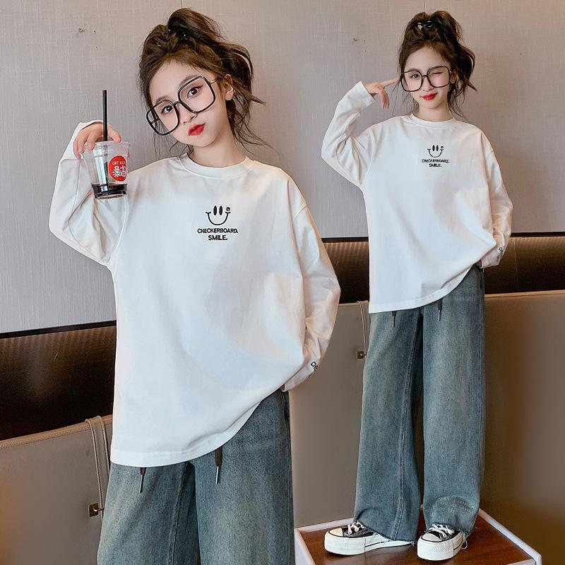 

Осенняя повседневная свободная футболка с улыбающимся лицом для девочек 2025 года для детей среднего и старшего возраста 170 cm