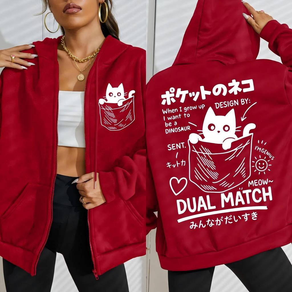 Cute Japanese Pocket Cat Printed Women Zipper Hoodies Fashion Streetwear Fleece Crewneck Hoody Hot Sale Oversize Clothes