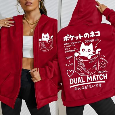 Cute Japanese Pocket Cat Printed Women Zipper Hoodies Fashion Streetwear Fleece Crewneck Hoody Hot Sale Oversize Clothes
