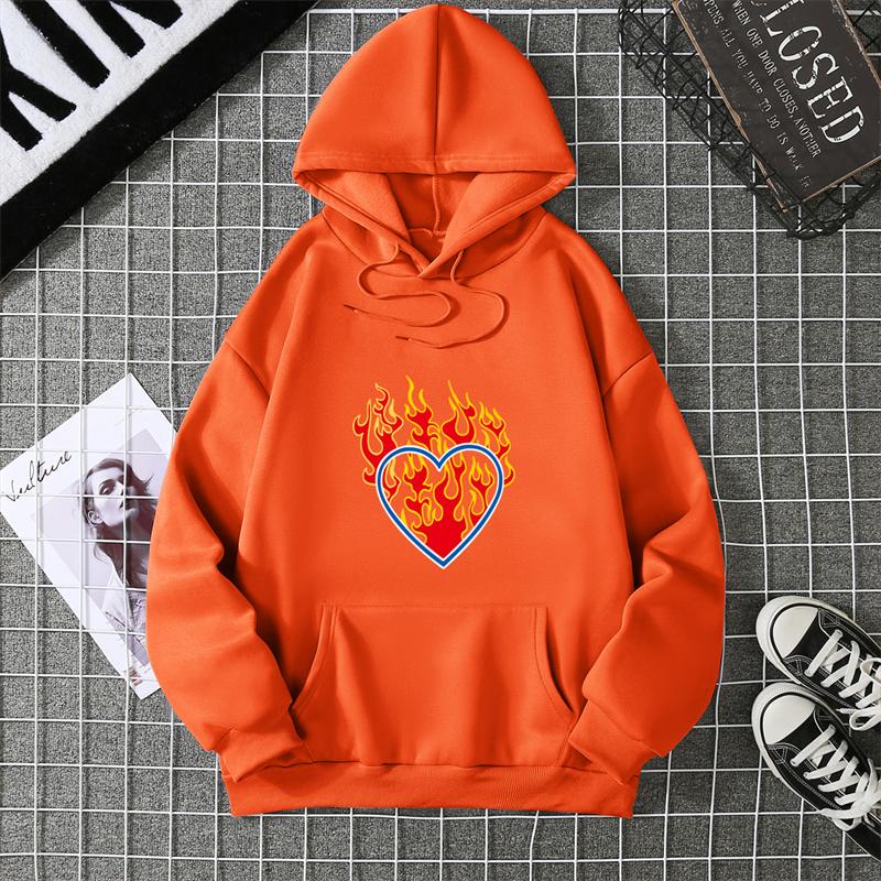 Love Fire Graphic Print Hoodie Pure Cotton High Quality Loose Shoulder Hooded Sweater Trend Fashion Sweatshirt