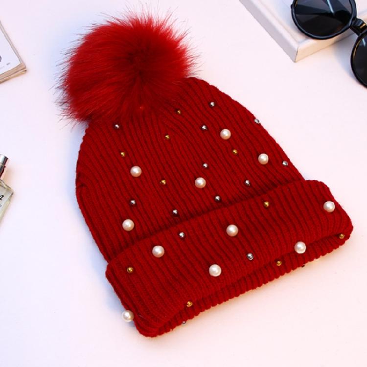 Solid Color Pearl Pompom Wool Hat Knitted Hat Beanie Hat Thicken Stretchable