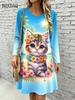 Cute Cat Floral 3D Print Dresses Women's Fashion Gradient Long-Sleeve Dress Autumn Winter Daily Casual Women's Loose Home Dress