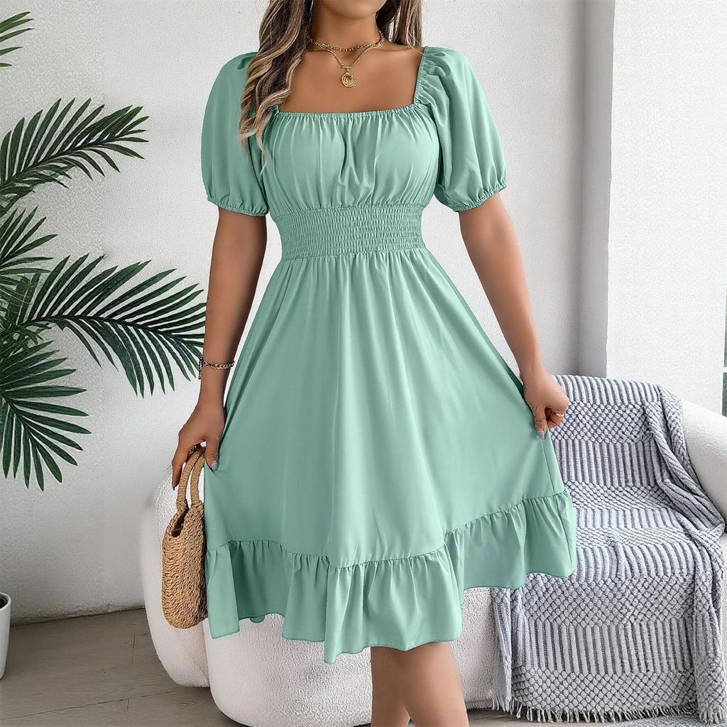 Women's Fashionable Retro Color Square Collar Fungus Hem Waist A-line Long Skirt Short-sleeved Dress