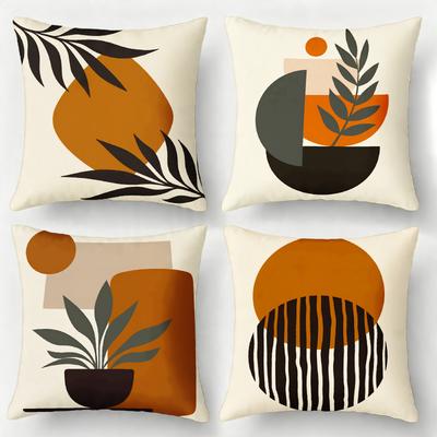 4Pcs, Bohemian Abstract Sunset Olive Leaf Pillow Covers, Single-Sided, Zipper Closure, Washable Polyester - Perfect for Sofa, Living Room