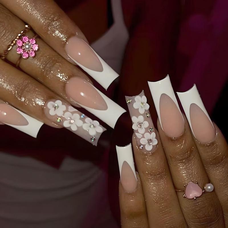 European and American long water pipes simple French fake nails gradual change flower colored diamonds cross-border wear armor Press on nails