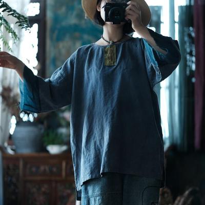 Women Vintage Blue T-Shirts Patchwork Embroidery Spring Long Sleeve O-Neck Loose T-Shirts