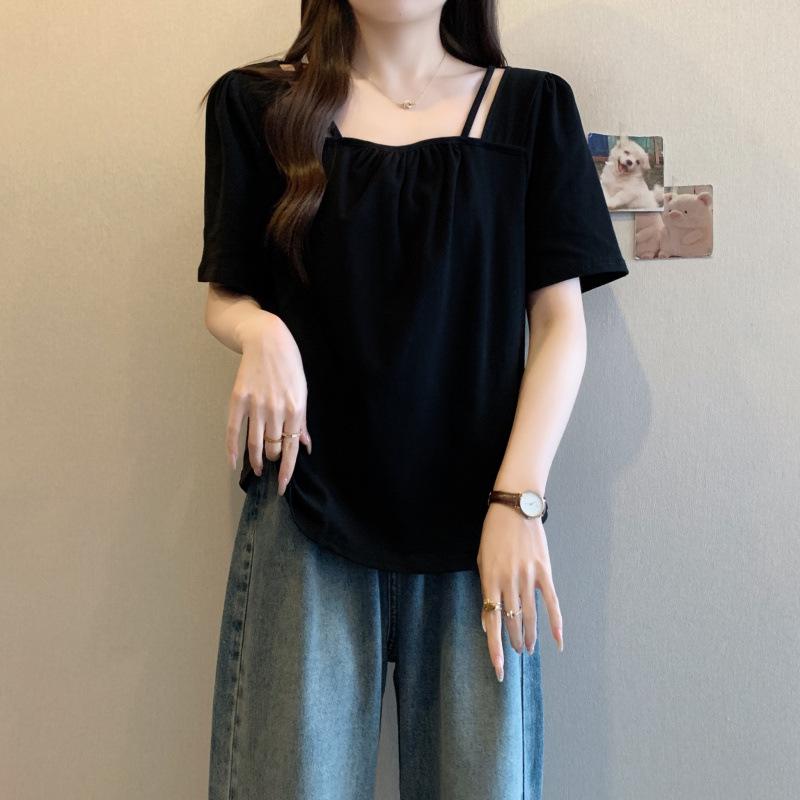 

2026 Summer Plus Size Women s Square Neck Pleated Short Sleeve Slimming Top XL чорний