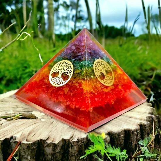 Crystal Pyramid of Seven Chakras with Four Sided Tree of Life Symbol for Reiki Healing, Balancing Chakra