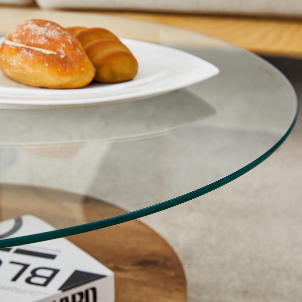 Modern Minimalist Tempered Glass Coffee Table, Multi-Layered MDF Base, Natural Wood Texture