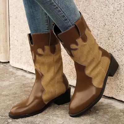 Damen Mid-Calf Stiefel Winter Neue Mode Slip-on Schuhe für Damen Quadratischer Absatz Mittelhoher Absatz Damenschuhe Patchwork Damenstiefel