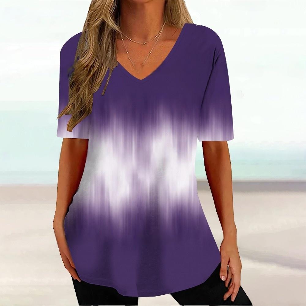 Letni top z dekoltem w serek z nadrukiem 3D w gradientowy wzór Modne codzienne damskie T-shirty z krótkim rękawem