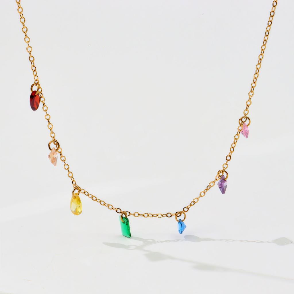 Colorful Summer Dream, Colored Zircon Necklace, Girl Stainless Steel O-Shaped Necklace Does Not Fade