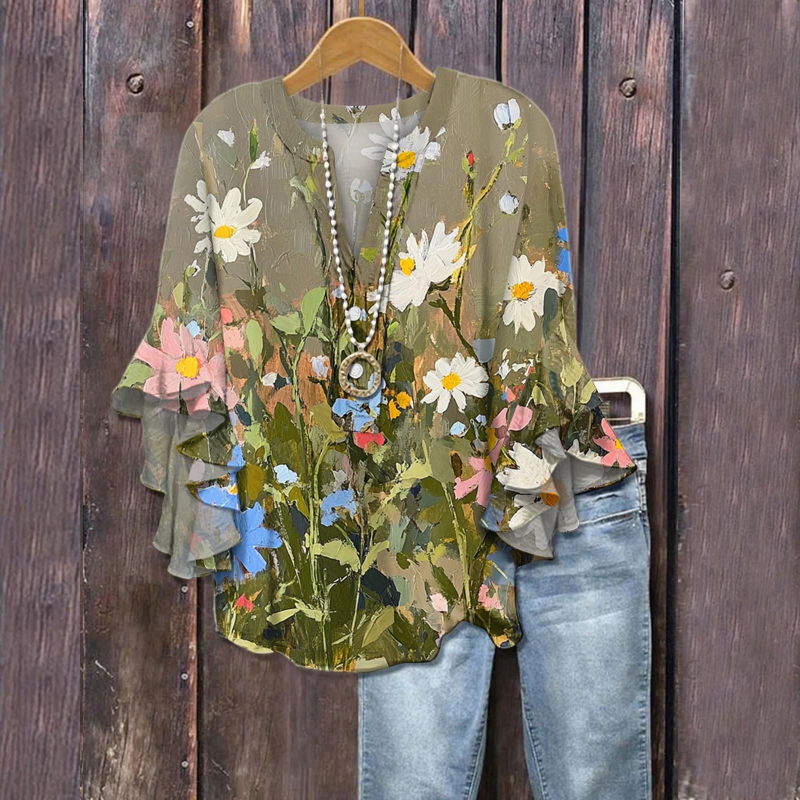 

Летние топы для женщин, симпатичные блузки с V-образным вырезом и рукавом 3/4, повседневные рубашки с цветочным принтом M зелёный