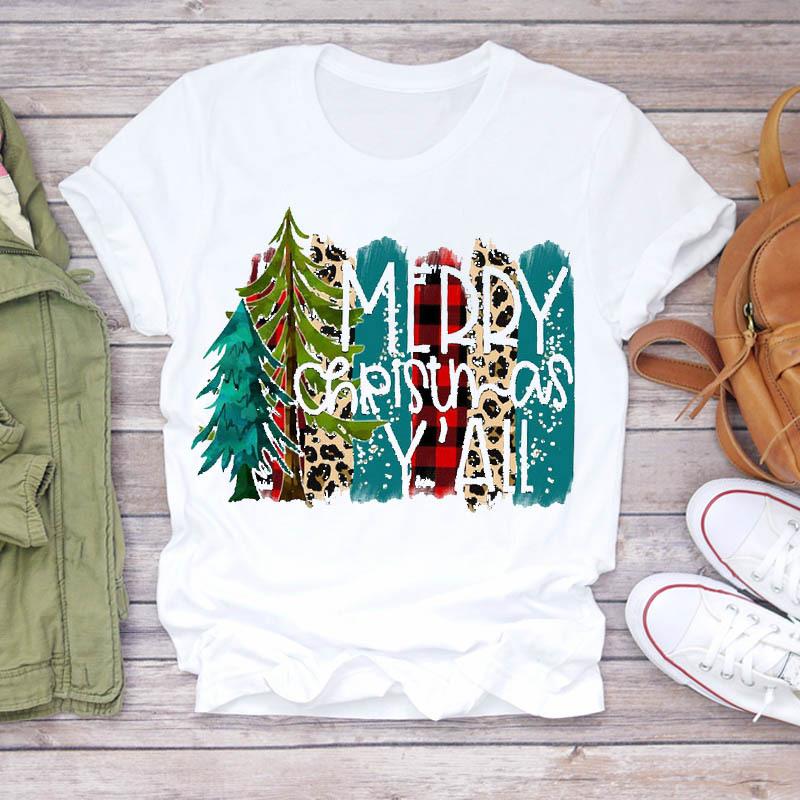 Casual Leopard Merry Christmas Tree Graphics Women T-Shirt 90S Kids Summer Shirts Loose White Female Tops Cute Children Clothes