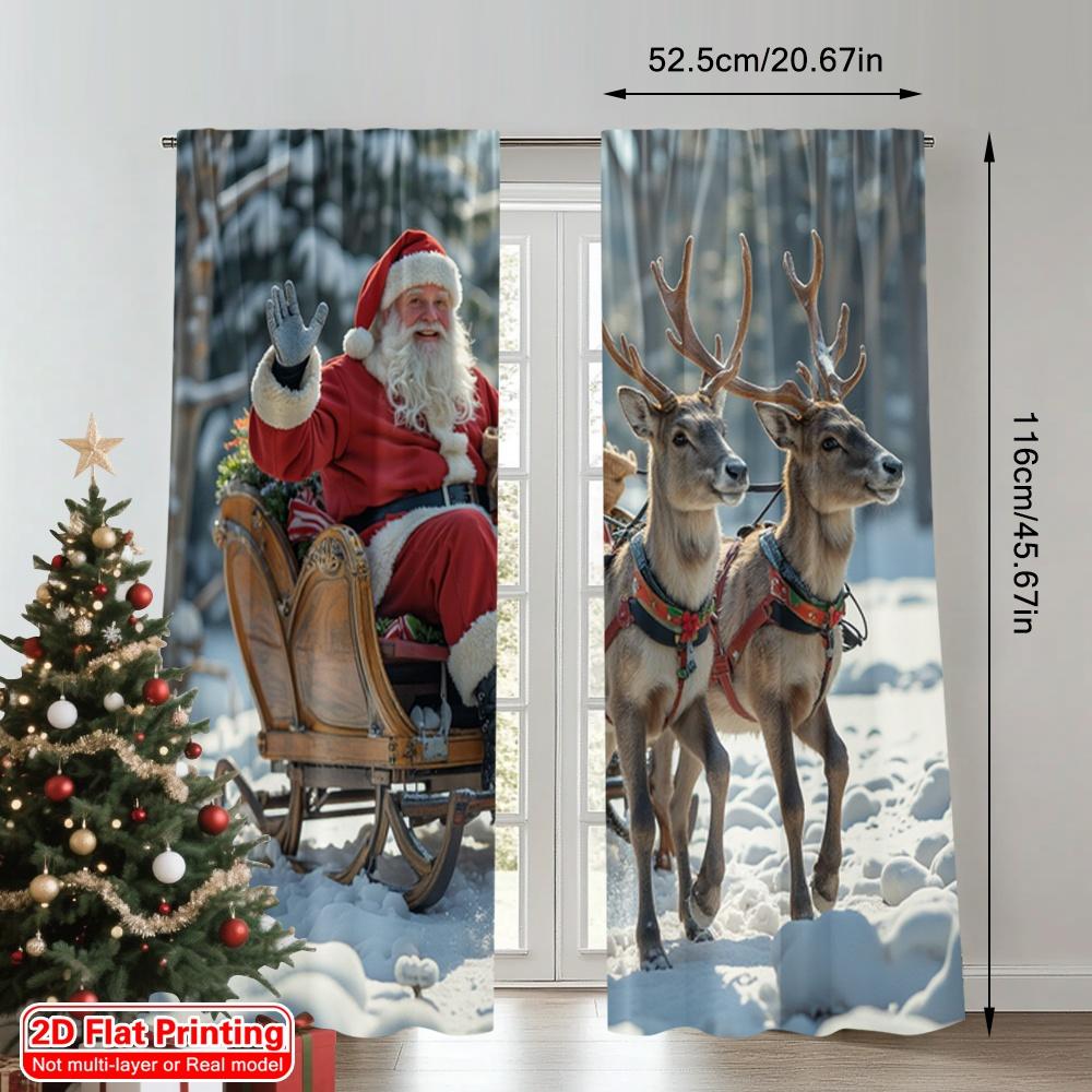2pcs 2D flat printing Christmas Scene Curtain Santa Sleigh Reindeer Snow 100% Polyester Fabric Without Electricity Family Party