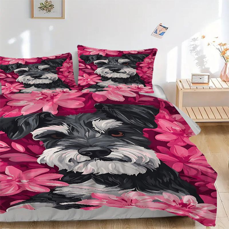 

3PCs Schnauzer Dog Print Design Cover Set, Breathable Fabric, Machine Washable (1 Duvet Cover + 2 Pillowcases) (Without Quilt) yy250911089 135x200cm