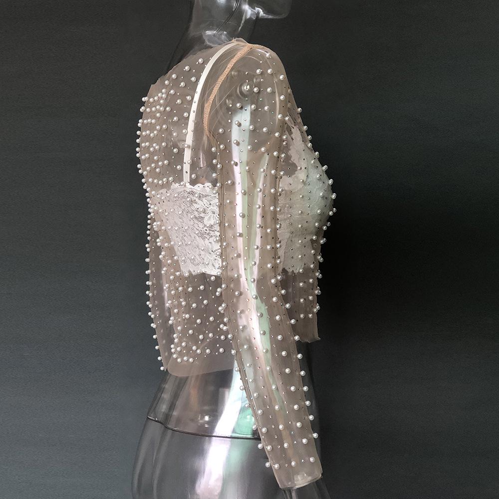 Spring/Summer Sexy Lace Mesh Top with Rhinestones and Beads for Women