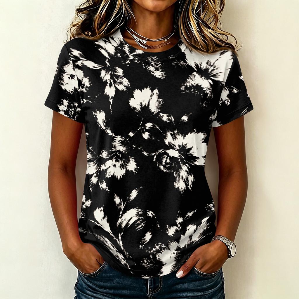 Women's Casual Pullover T Shirt Short Sleeve Round Neck Floral Print Top Lightweight Soft Fabric Relaxed Fit Tee for Everyday Wear