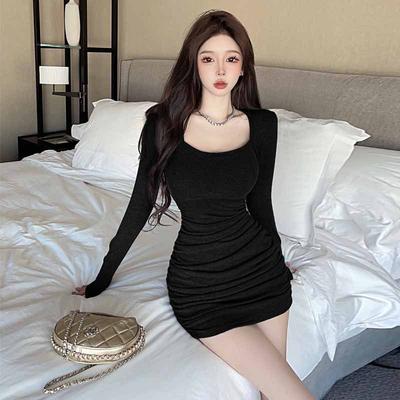 2025 Sexy Spice Style Square Neck Long Sleeve Pleated Tight Dress Women