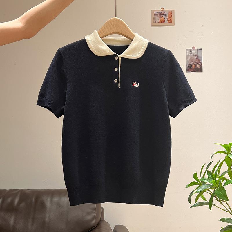 Super Good-looking Cute Embroidered POLO Neck Knitted Sweater Women's Summer New Button Pullover Slim-fitting Front Shoulder Short-sleeved