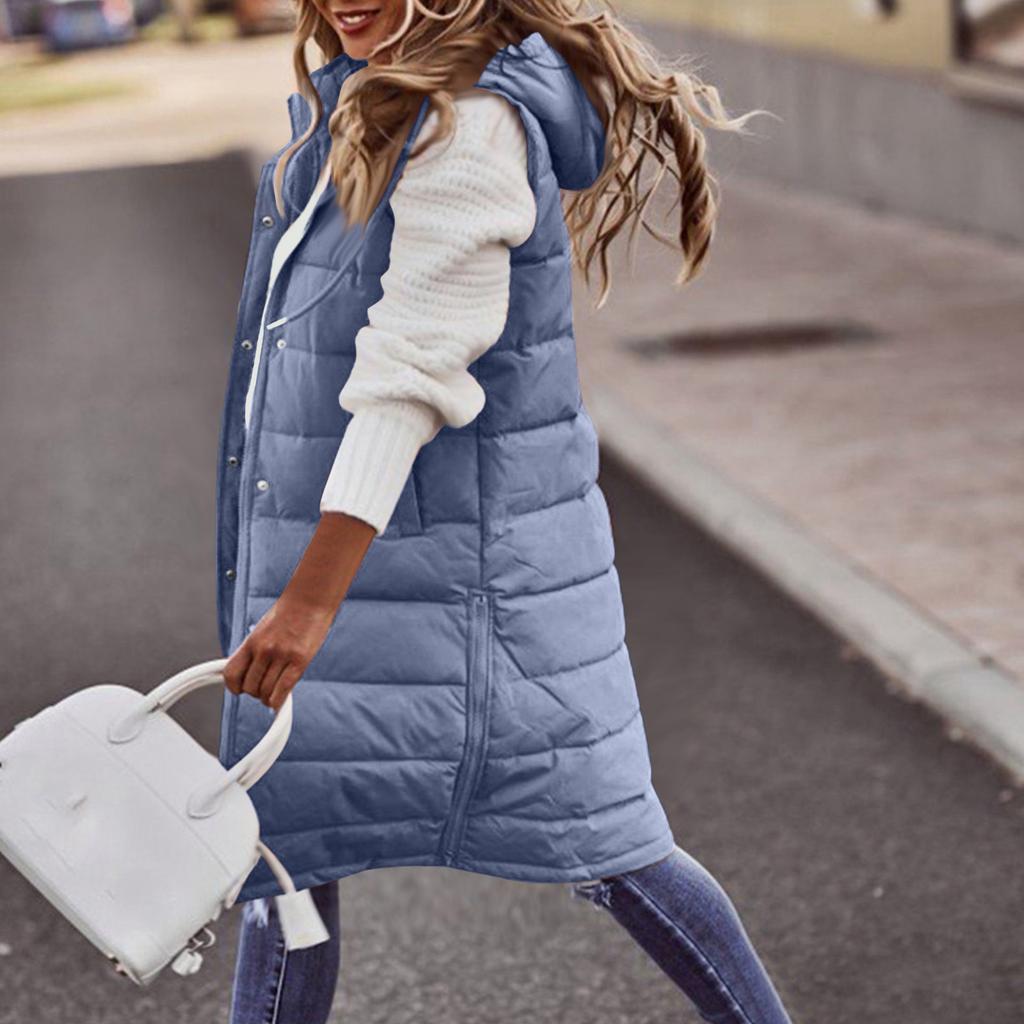 Women's Hooded Padded Vest Color Single-Breasted Mid-Length Slim Fit Sleeveless Jacket Coat
