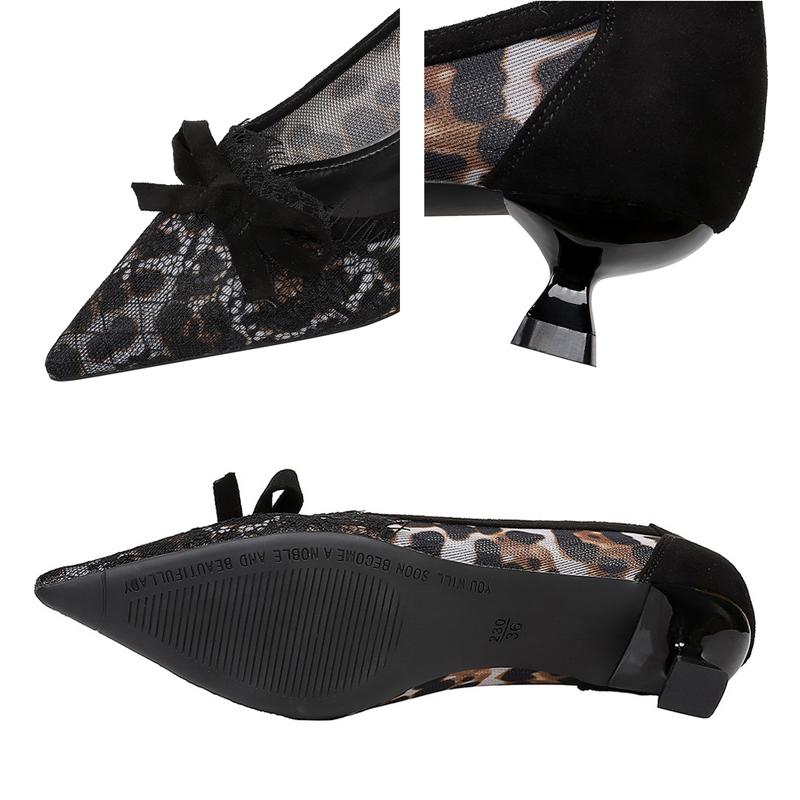 Sexy Lace Kitten High Heels Women Pumps Bowknot Low-heel Women Shoes Leopard Print Sexy Party Shoes Large Size 43 Ladies Shoes