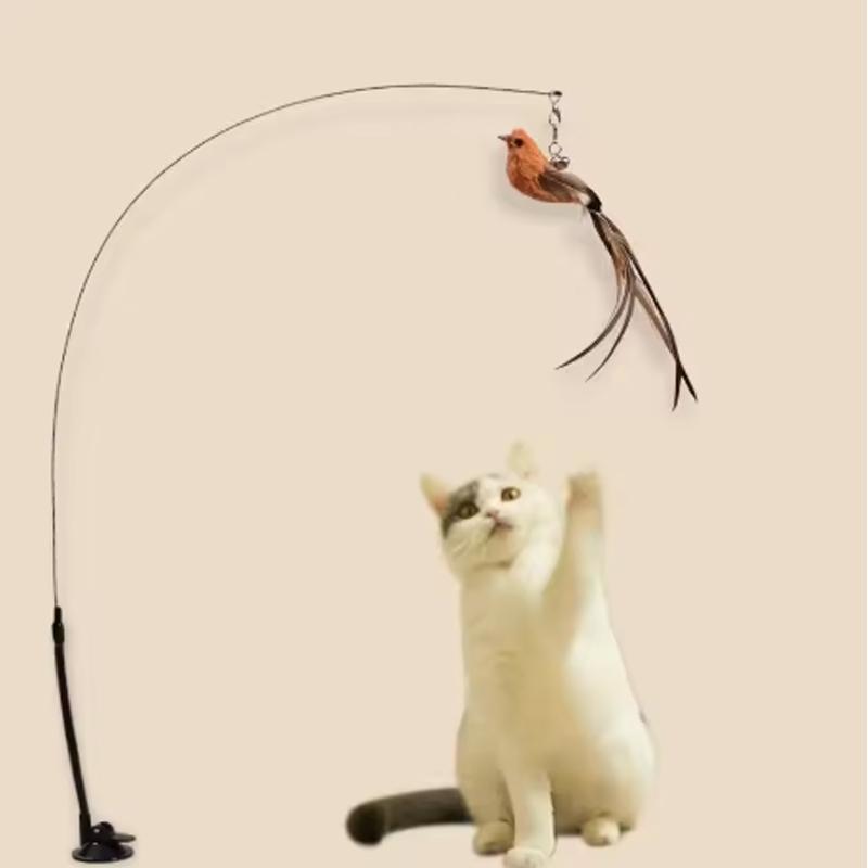Cat Toys Cat Self-sexy Feather Suction Cup Teasing Cat Stick with Bell Bird Replacement Head Resistant To Bite Pet Toys