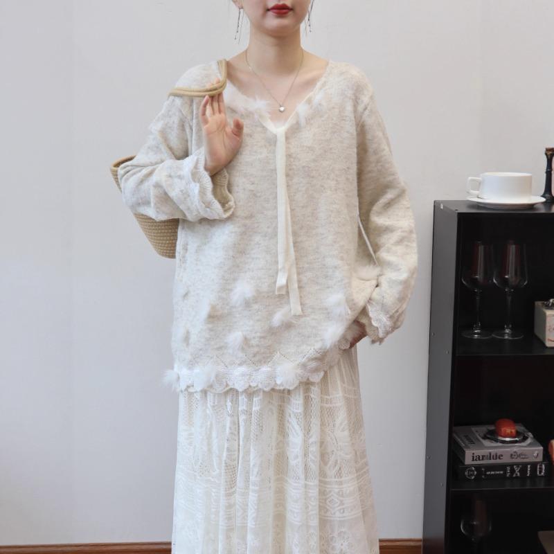 Autumn and Winter New Bead Design Knitted Sweater Top Loose Soft Waxy Gentle Wind Sweater Pullover Woman