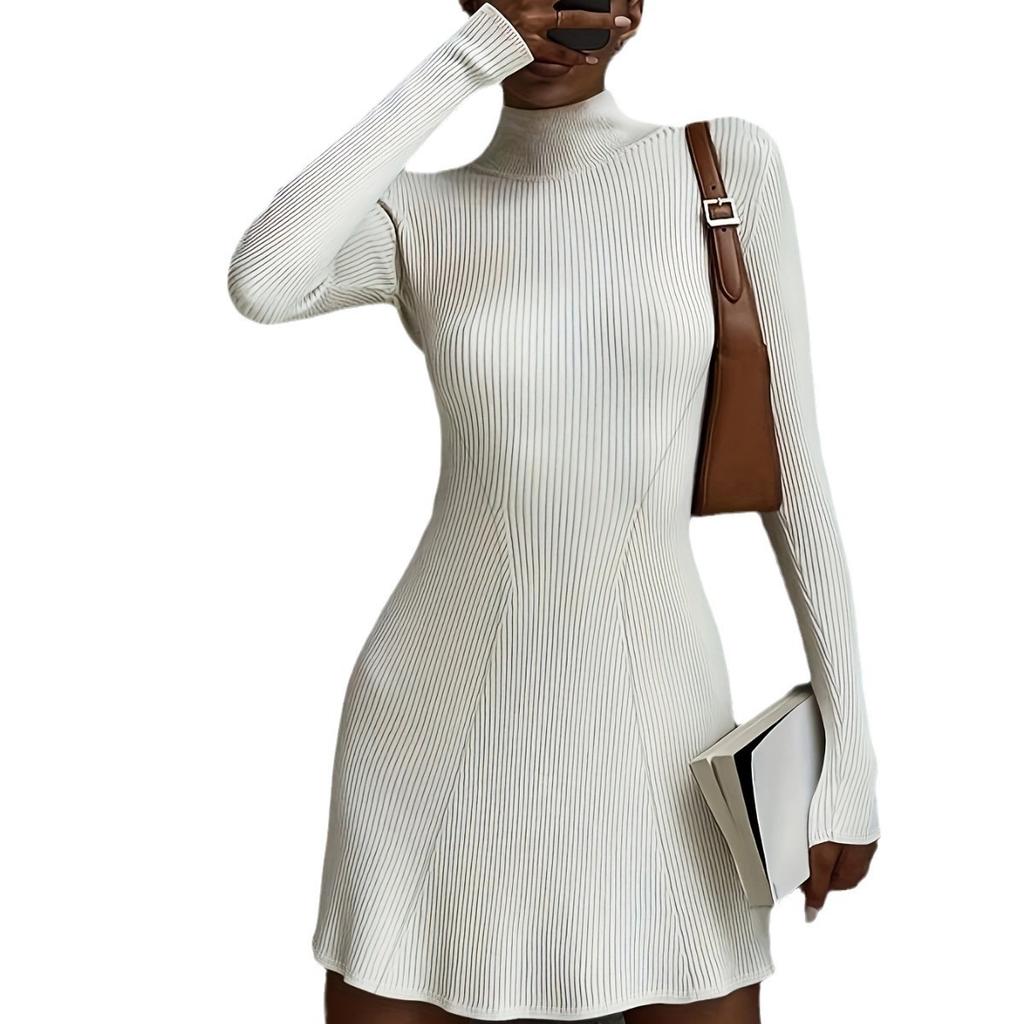 Dámské jednobarevné šaty s dlouhým rukávem, polovičním rolákem, sexy přiléhavé, krátké, pletené