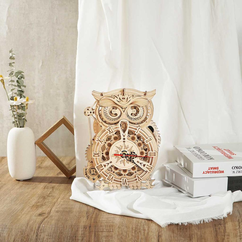 ROBOTIME ROKR Owl Clock Mechanical Gears 3D Wooden Puzzle LK503