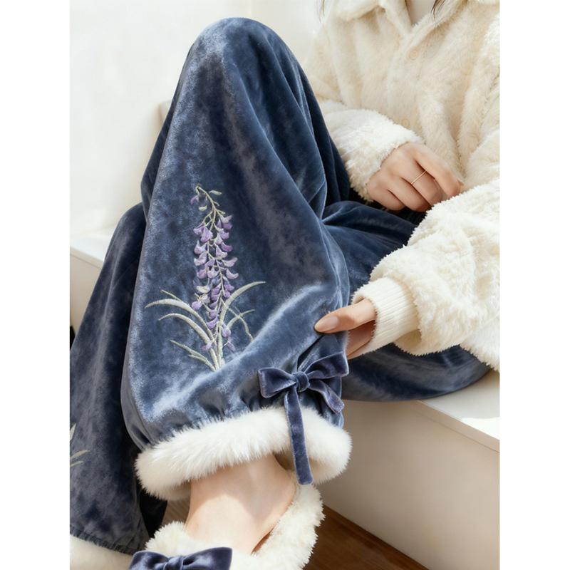 

Golden Velvet Embroidered Wide-Leg Pants - Winter 2025 Casual Simple Style with Frayed Edges L (recommended 55-65 kg)