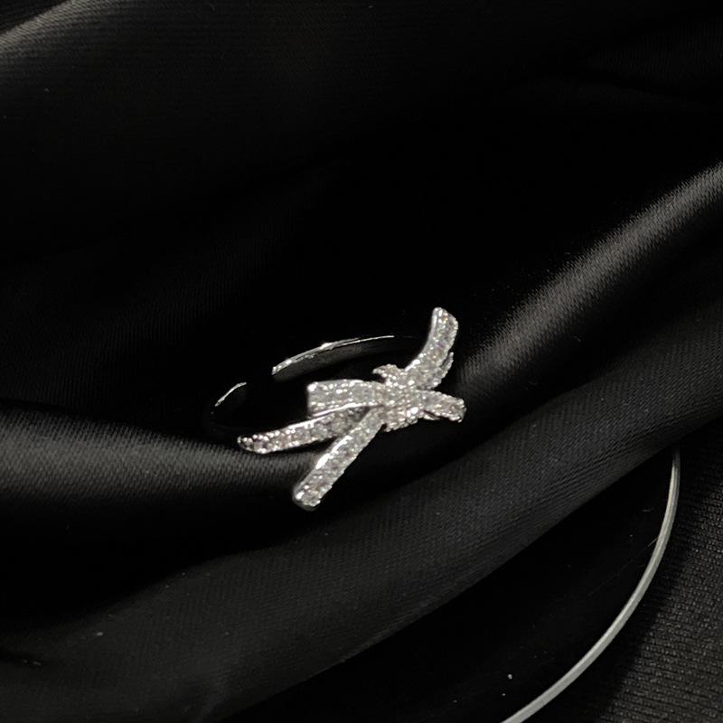 Hepburn Style Double Bow Pearl Stacked Open Ring Full Of Diamonds Zircon Temperament Advanced Sense Index Finger Ring