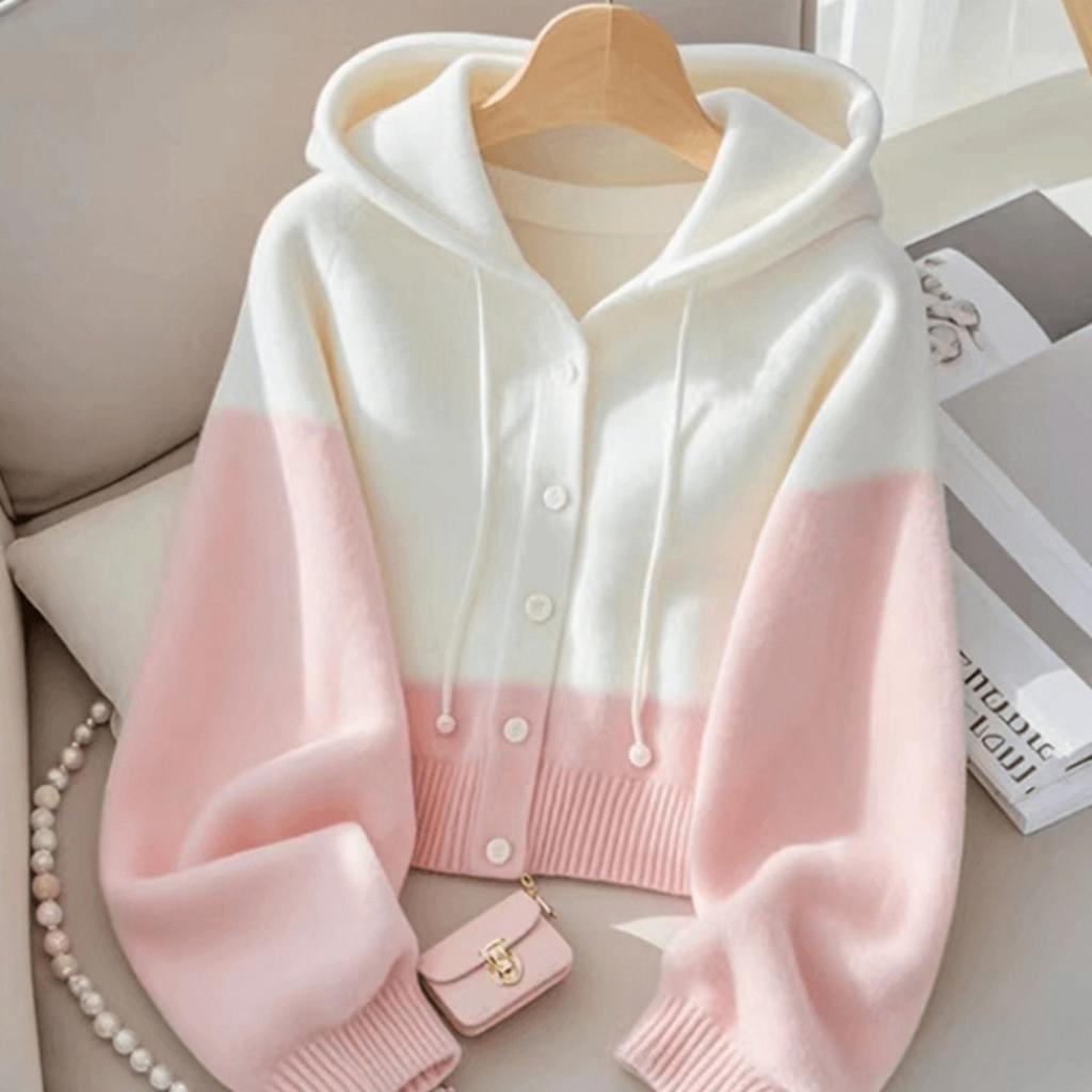 Korean Pink Patchwork Hooded Knitted Sweater, Women's New Lazy and High-end Knitted Top