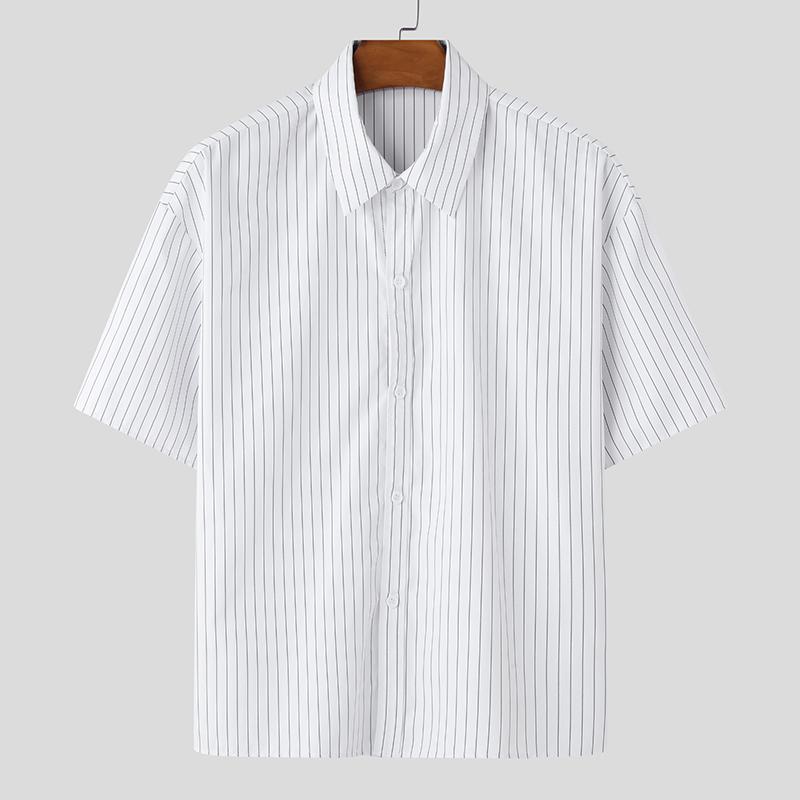 

INCERUN Oversized Summer Men Turn-down Collar Short Sleeve Striped Buttons Casual Shirts 5XL белый