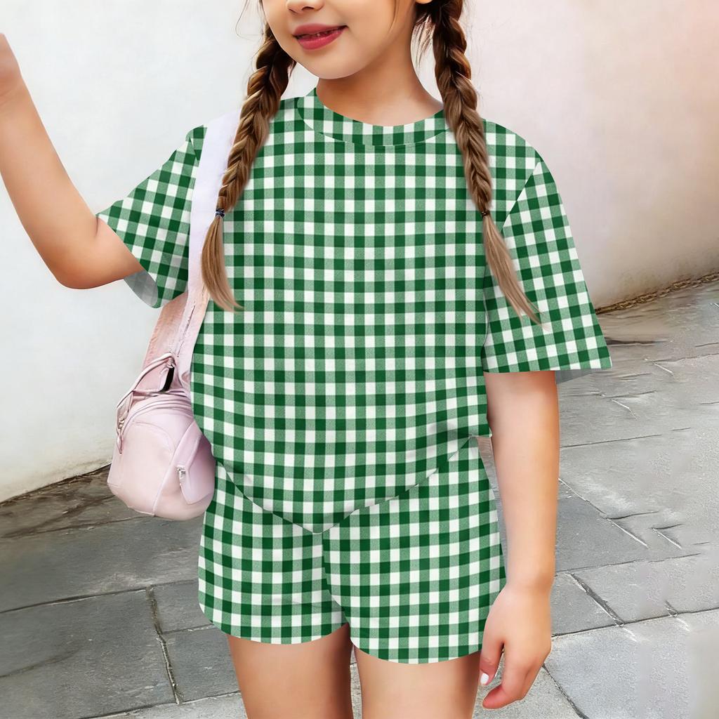Kids Casual Short Sleeve Top and Shorts Set Plaid Pattern Lightweight Breathable Soft Fabric Comfortable Fit Summer Outfit for Boys Girls