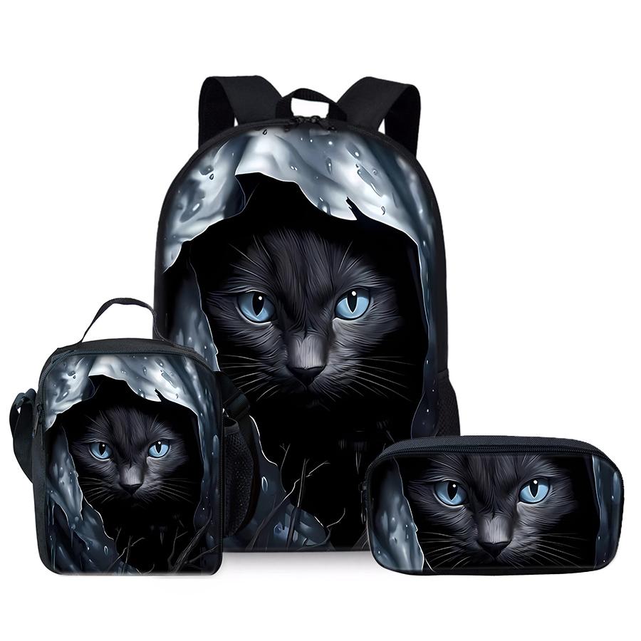 Ensemble Trois Pièces Animal Chat Sac à Dos+Sac à Déjeuner+Trousse à Crayons Pour Garçon/Filles Enfants Meilleurs Cadeaux Dessin Animé 2D Adolescents Sac d'École pour Ordinateur Portable