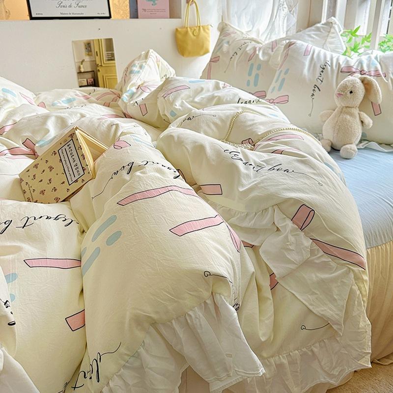 Small Fresh Pure Cotton Four-piece Set Lace Korean Version Princess Style Washed Cotton Bed Skirt Quilt Cover Cream Style Bedding