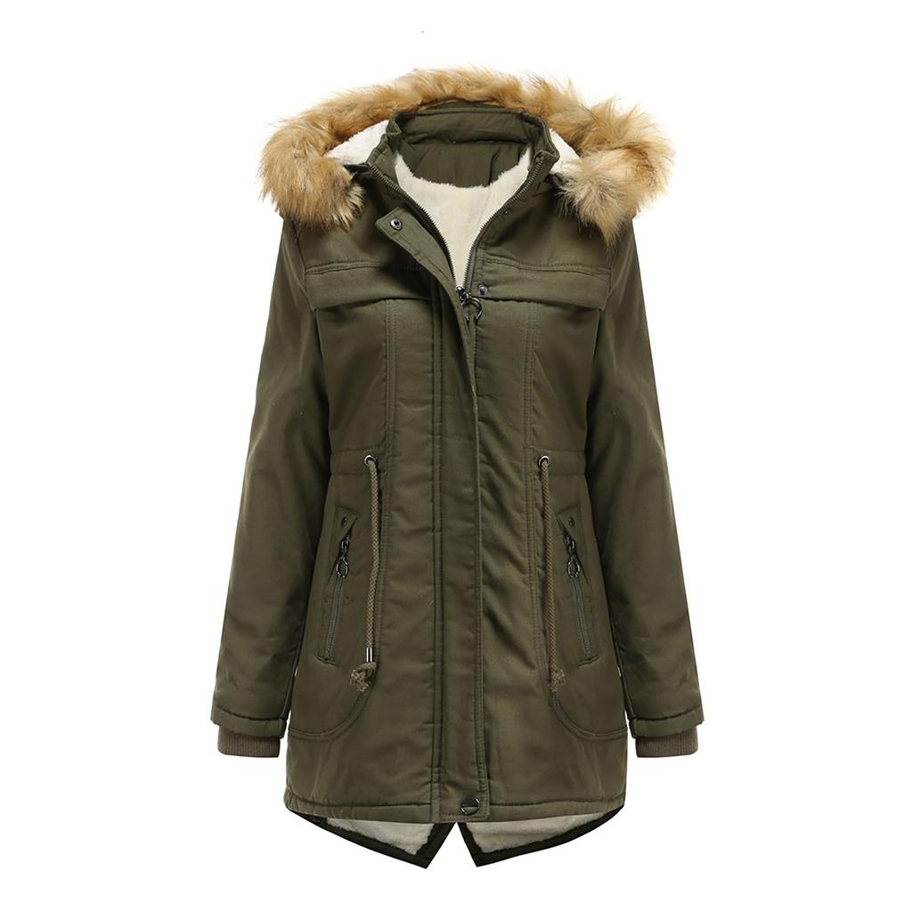Women's Winter Mid-Length Fleece Detachable Hat Warm Jacket Cotton Coat