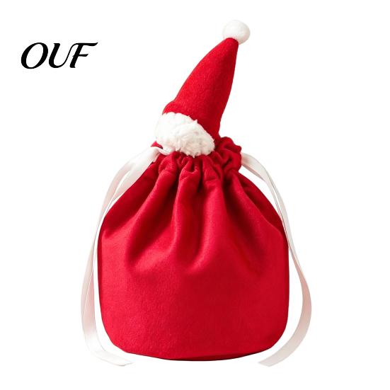 Fabric Drawstring Bags for Gifts Christmas Gift with Santa Hat, Reusable Velvet Xmas Goodie Sacks, Festive Eve Treat Pouches Candy Apple Pouch Giving,