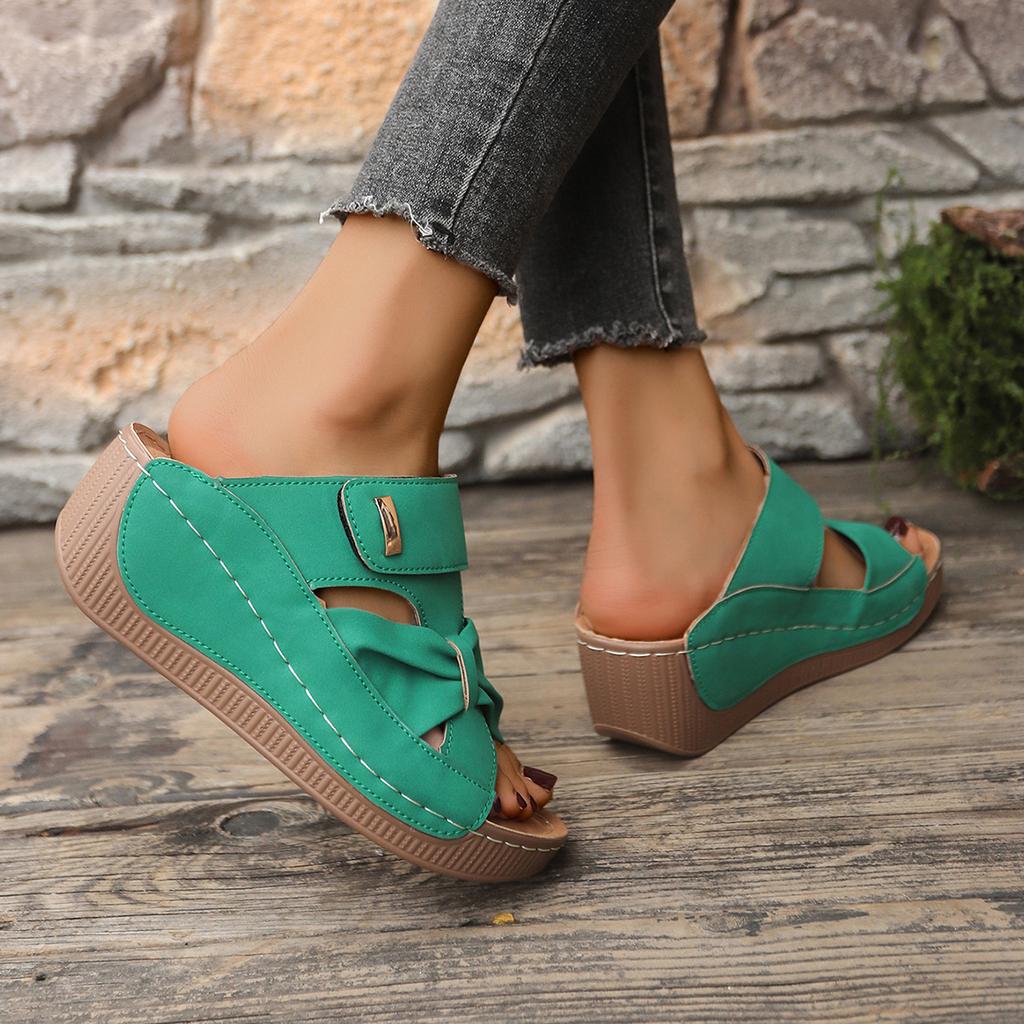 2025 outer wear platform slippers women's round head breathable cross belt Velcro sewing line wedge slippers