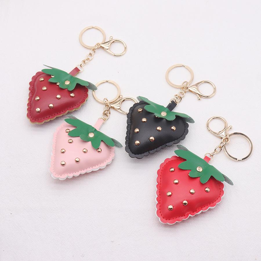 Cute Cartoon Strawberry Leather Keychain for Women Car Bag Pendant Keyring Accessories
