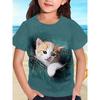 Children's Short Sleeved T-shirt Girls' Round Neck Summer Cat Print Fashionable Casual Versatile T Shirt