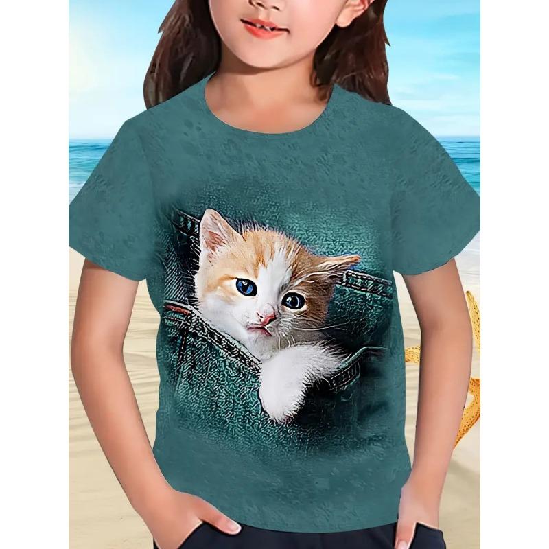 Children's Short Sleeved T-shirt Girls' Round Neck Summer Cat Print Fashionable Casual Versatile T Shirt