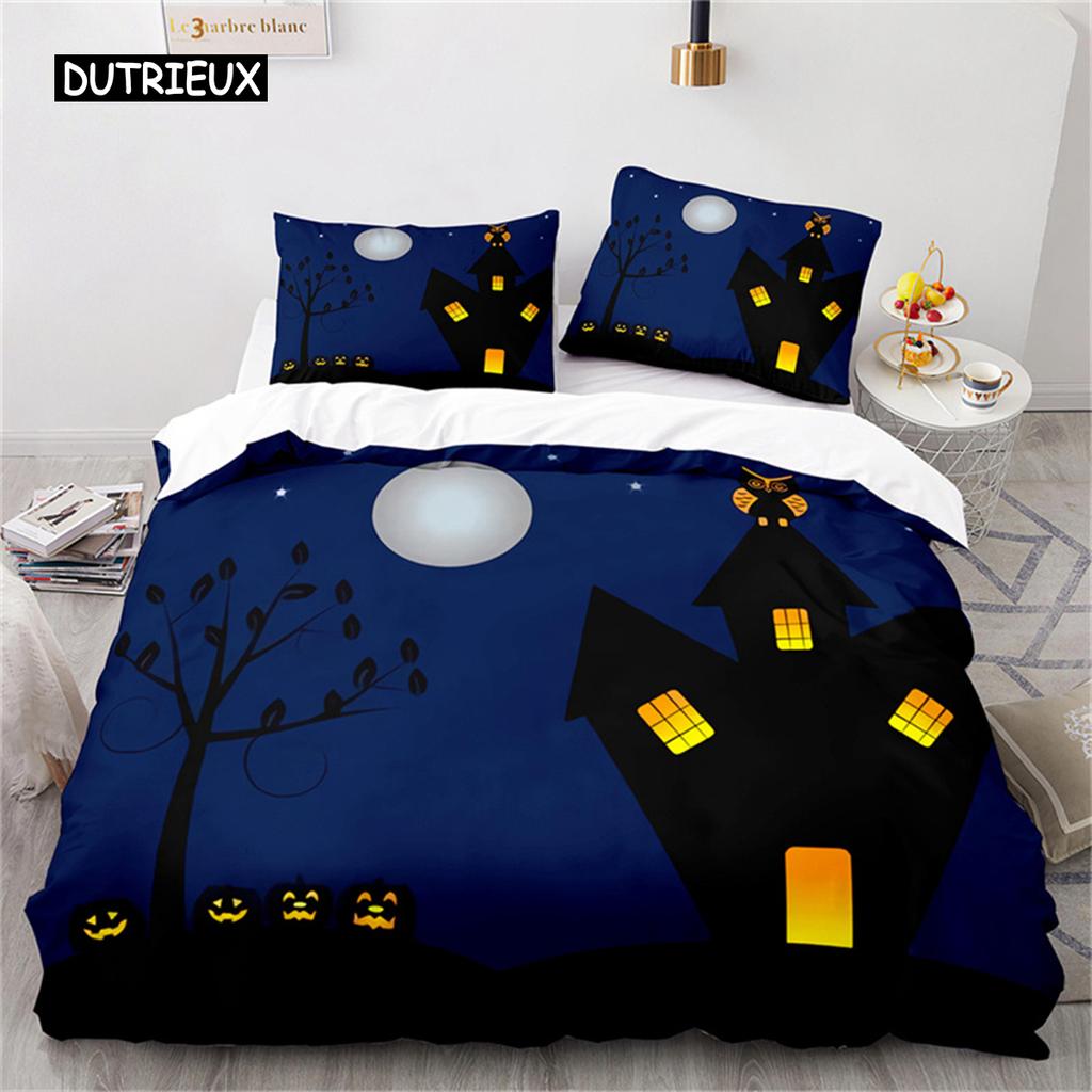 Duvet Cover Halloween Bedding Set Pumpkin Polyester Cartoon Horror Festival Bat Comforter Cover Twin for Kid Adult Gift Bedroom