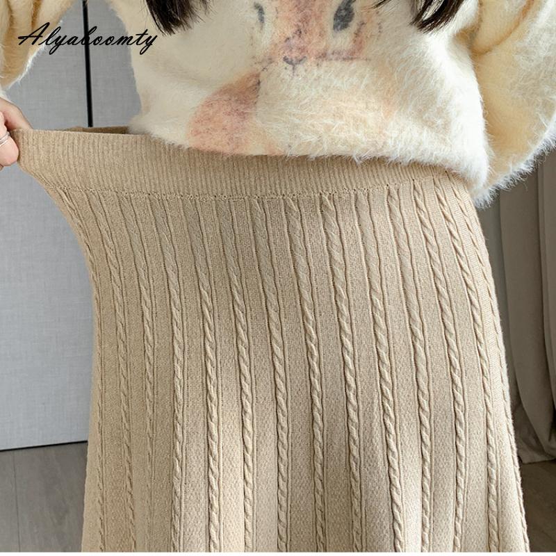 Koreanische Mode Herbst Winter Frauen Midi Rock Hohe Taille Grau Schwarz Aprikose Kaffee Dicke Warme Rock Elegante Quaste Feminine Röcke für frauen