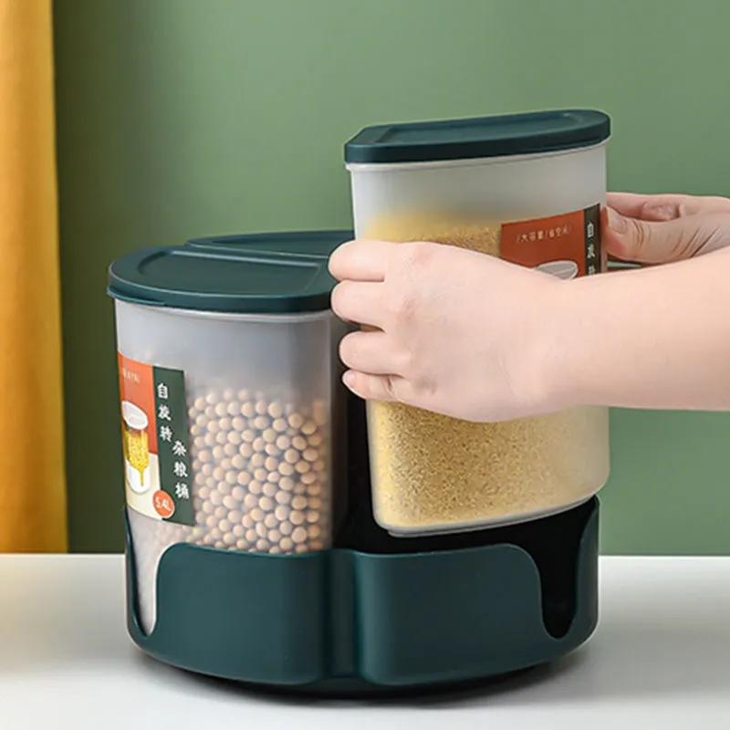 Rotatable Rice Bucket Grain Storage Tank Compartment Household Insect-proof Moisture-proof Sealed Can Food-grade Grains Cereal Storage Container Box