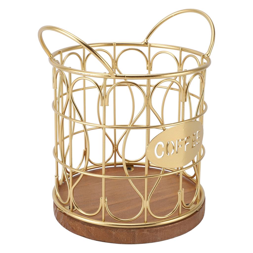 Coffee Pod Basket Decorative Round Wire Coffee Capsule Holder with Wooden Base for Cafe Kitchen Countertop