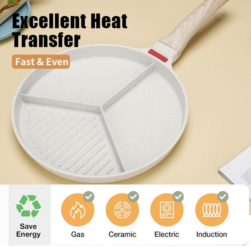 3-In-1 Divided Breakfast Omelette Frying Pan Non-stick Egg Pan Steak Grill Pan Ham Pancake Skillet Pan for Indoor Cooking Pan